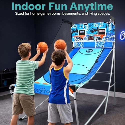 SereneLife Dual Shot Basketball Arcade Game with Electronic Scorer, 8 Game Modes, Indoor Outdoor 2 Player Basketball Shooting Game, Foldable Arcade Set with 5 Balls and Pump - style: Double Hoop, Heavy Duty