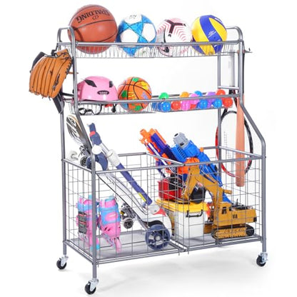 Ball Organizer for Garage, Steel Sport Equipment Organizer with Baseball Bat Holder and Hooks, Easy Assembly Storage for Balls, Kids' Toys, and Workout Gear in Basement, Home Gym, Outdoor