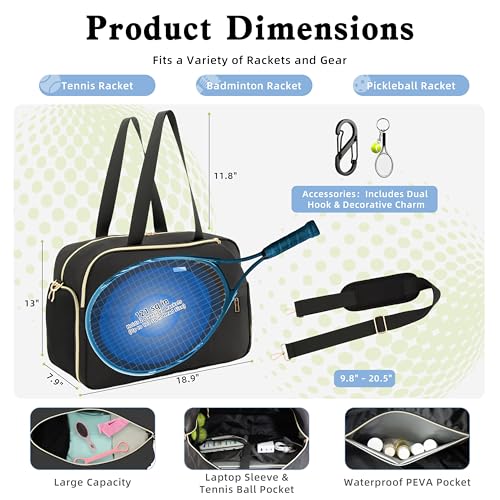 Tennis Bag for Women with Shoe Compartment, Large Tennis Racket Bag Fits 2 Racquets, Pickleball Gym Sports Tote with Shoulder Strap & Water Bottle Pocket - color: Black