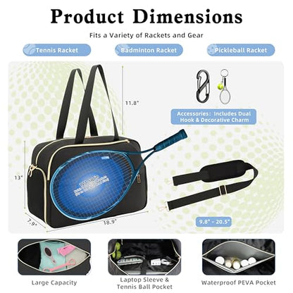 Tennis Bag for Women with Shoe Compartment, Large Tennis Racket Bag Fits 2 Racquets, Pickleball Gym Sports Tote with Shoulder Strap & Water Bottle Pocket - color: Black