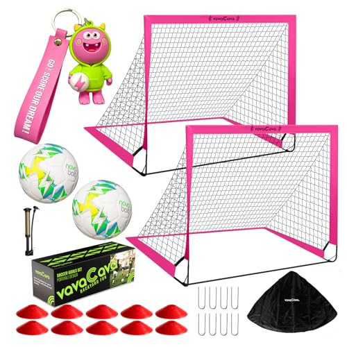 VavaCava 4'x3' Pink Kids Soccer Goal Set, 2 Portable Pop Up Soccer Goals for Backyard, 2 Size 3 Balls, 10 Cones, Pump, Carry Bag, Little Monster Keychain & SGS Certificate, Toddler Soccer Net