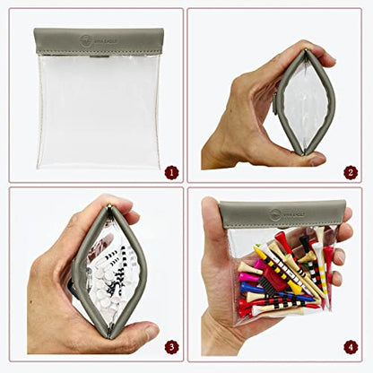 Golf Tee Pouch Bag Organizer with Clip, Transparent Squeeze Top Pocket for Golf Accessory and Valuable | 15 Bamboo Tees Included - color: Grey
