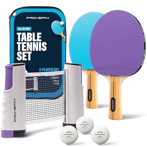 PRO-SPIN Portable Ping Pong Set with Retractable Ping Pong Net for Any Table, All-in-One Table Tennis Set with Ping Pong Paddles, Balls & Case, Table Top Family Game - color: 2-Player Set | Purple/Blue