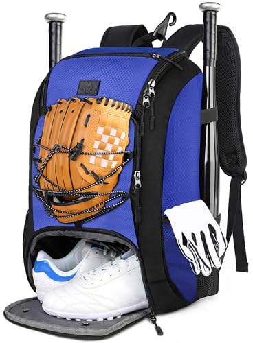 MATEIN Baseball Backpack, Softball Bat Bag with Shoes Compartment for Youth, Boys and Adult, Lightweight Baseball Bag with Fence Hook Hold TBall Bat, Batting Mitten, Helmet, Caps, Teeball Gear - color: Blue, size: 29L