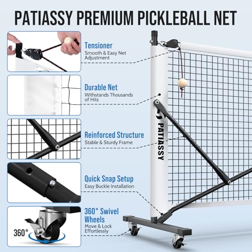 Portable Pickleball Net System with Wheels, 22FT Regulation Size Pickleball Net with Court Lines and 8 Sandbags for Outdoor Driveway, Mobile Pickle Ball Set with Carry Bag, Steady Steel Frame
