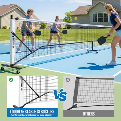 Portable Pickleball Net System with Wheels, 22FT Regulation Size Pickleball Net with Court Lines and 8 Sandbags for Outdoor Driveway, Mobile Pickle Ball Set with Carry Bag, Steady Steel Frame