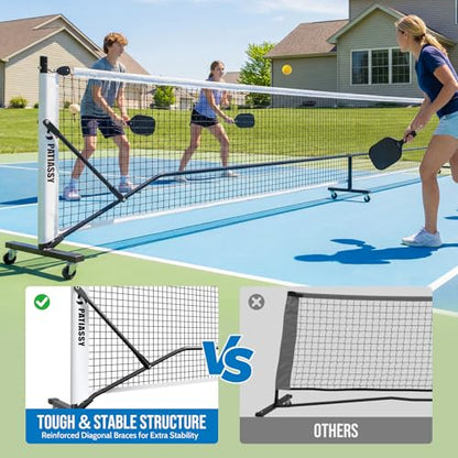 Portable Pickleball Net System with Wheels, 22FT Regulation Size Pickleball Net with Court Lines and 8 Sandbags for Outdoor Driveway, Mobile Pickle Ball Set with Carry Bag, Steady Steel Frame