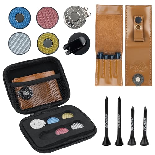 SANDIAN [Full Set], Golf Ball Markers Carbon Fiber T800 Full Set with Genuine Brown Leather Belt Clip Tee Holder Pouch, Magnetic Hat Clips, Storage Case [Brown Leather]