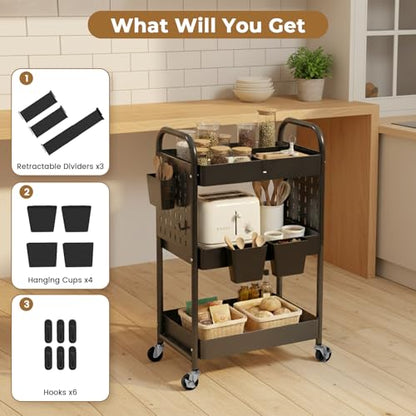 danpinera Craft Cart, Black Rolling Cart with Retractable Dividers & DIY Pegboards for Kitchen, Bedroom, Laundry - color: Black, size: with Dividers