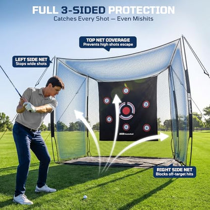 Haokelball Golf Hitting Net with 3-Sided Protection, 10x8x6ft Heavy Duty Golf Practice Cage with Reinforced Steel Frame, Target Cloth & Full Swing Backyard Driving Net for Indoor Outdoor Use