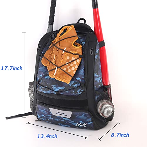 WOLT Youth Baseball Bag - Bat Backpack for Baseball, T-Ball & Softball Equipment & Gear, Bat & Glove Holder, Large Main Compartment for Helmet & accessories, Separate Shoes Compartment, Fence Hook - color: CamoBlue