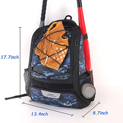 WOLT Youth Baseball Bag - Bat Backpack for Baseball, T-Ball & Softball Equipment & Gear, Bat & Glove Holder, Large Main Compartment for Helmet & accessories, Separate Shoes Compartment, Fence Hook - color: CamoBlue