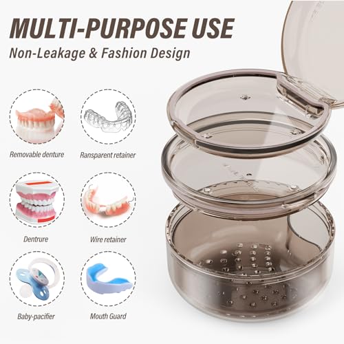 Denture Case Retainer Cleaning Case: 2 in 1 Retainer Case, No-Leak Denture Bath Box Cup, Complete Clean Care for Dentures, Clear Braces, Mouth Guard, Night Guard & Retainers - color: Grey