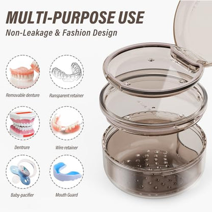 Denture Case Retainer Cleaning Case: 2 in 1 Retainer Case, No-Leak Denture Bath Box Cup, Complete Clean Care for Dentures, Clear Braces, Mouth Guard, Night Guard & Retainers - color: Grey