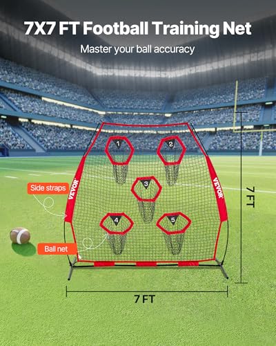 VEVOR 7 x 7 ft Football Throwing Net,Quarterback Training Equipment with 5 Target Pockets ,Includes Straps and Portable Carry Case, Improve QB Throwing Accuracy