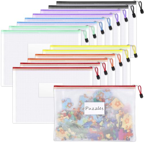 Sooez 14 Pack Mesh Zipper Pouch Bags, A4 Letter Size, Zipper Bags with Label Pocket, Waterproof Pouches for Classroom Organizer, Board Game Toy Storage, Document Bag for Teacher School Office Supplies - style: 14 Pack