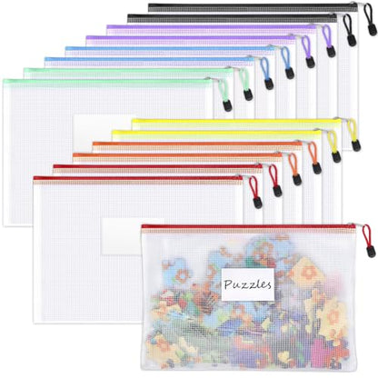 Sooez 14 Pack Mesh Zipper Pouch Bags, A4 Letter Size, Zipper Bags with Label Pocket, Waterproof Pouches for Classroom Organizer, Board Game Toy Storage, Document Bag for Teacher School Office Supplies - style: 14 Pack