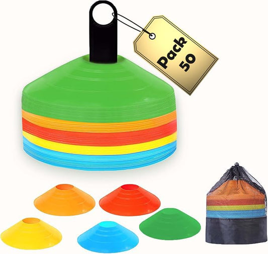 Soccer Cones 100/50/25 Pack with Carry Bag & Holder Five Colors | Agility Disc Cones Set for Training | Sports Practice Equipment for Soccer, Football, Basketball, Coaching & Speed - size: 50 Pack