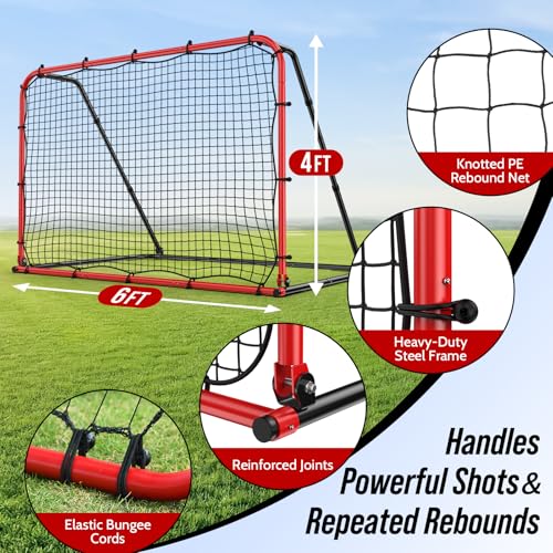 Haokelball 6 x 4 FT Soccer Goal for Backyard, 2-in-1 Metal Soccer Goal with Adjustable Rebounder Net, Heavy-Duty Steel Frame, Includes Agility Ladder & Cones, Soccer Training Equipment for Kids Teens