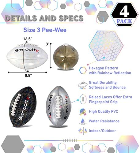 White, Black, Silver, and Gold Footballs for Kids Pee Wee Size 3 – Premium Official Match Ball with Reflective Rainbow Hex Pattern, Durable for Indoor and Outdoor Training - Set of 4