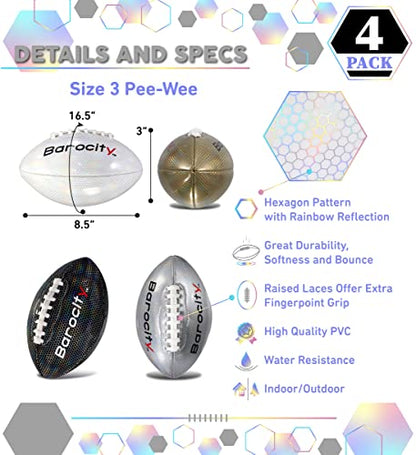 White, Black, Silver, and Gold Footballs for Kids Pee Wee Size 3 – Premium Official Match Ball with Reflective Rainbow Hex Pattern, Durable for Indoor and Outdoor Training - Set of 4