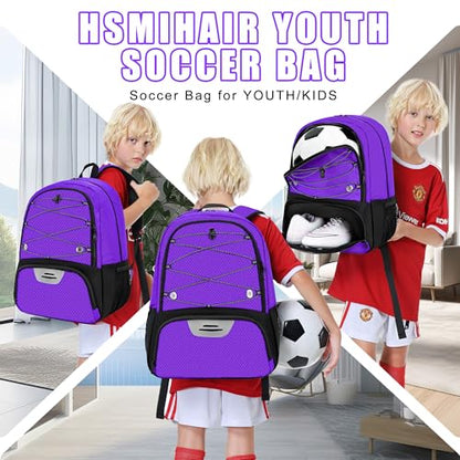 Hsmihair Youth Soccer Bag-Soccer Backpack&Backpack for Football Basketball,with Ball Compartment Separate Cleat Package - color: Purple
