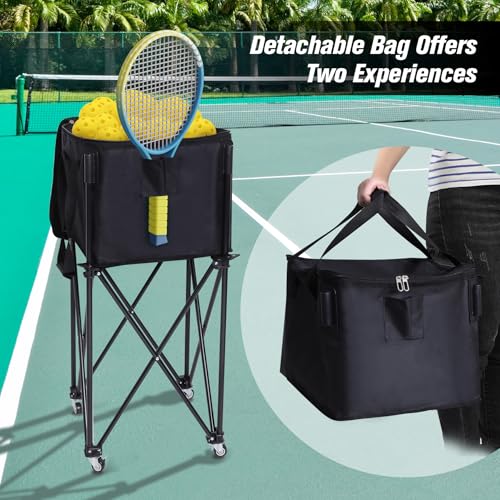 Portable Tennis Ball Hopper Holds 180 Balls, Tennis Ball Basket Cart with 4 Wheels & Brakes, Detachable Oxford Fabric Bag for Tennis and Pickleball Training, Black - color: Black steel