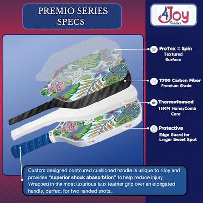 4Joy Pickleball Paddle Premio Series - Thermoformed Premium T700 Carbon Fiber Pickleball Paddless - Professional Pickleball Rackets for Women & Men - 16mm Honeycomb Core - USAP Approved - style: Palm