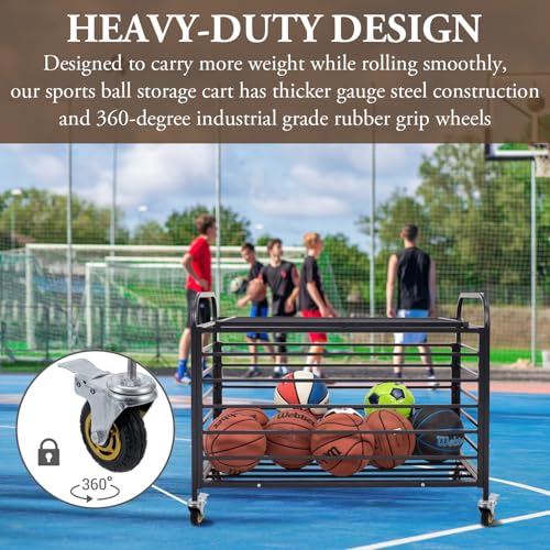 MyGift Professional Black Metal Rolling Sports Ball Storage Cart with Lid