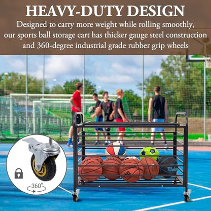 MyGift Professional Black Metal Rolling Sports Ball Storage Cart with Lid