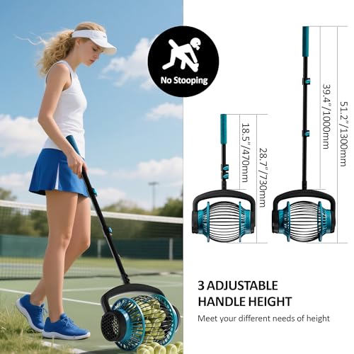 Tennis Ball Collector Roller with Adjustable Handle, No-Bend Quick Rolling Picker for Tennis Court, Quick-Tip Ball Release for Fast Emptying, Large Hopper Holds 20+ Tennis Balls Save Time & Your Back