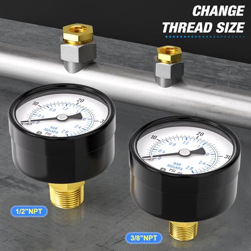 0-40Psi 2" DIAL FACE 1/4" NPT Well Pump Pressure Gauge, with 1/2" NPT and 3/8" NPT Hex Bushing, 3-2-3% Accuracy, Center Back Mount - size: 0-40Psi, style: 1/4"NPT Back Mount