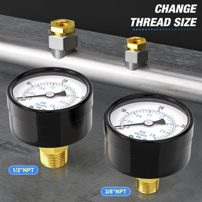 0-40Psi 2" DIAL FACE 1/4" NPT Well Pump Pressure Gauge, with 1/2" NPT and 3/8" NPT Hex Bushing, 3-2-3% Accuracy, Center Back Mount - size: 0-40Psi, style: 1/4"NPT Back Mount