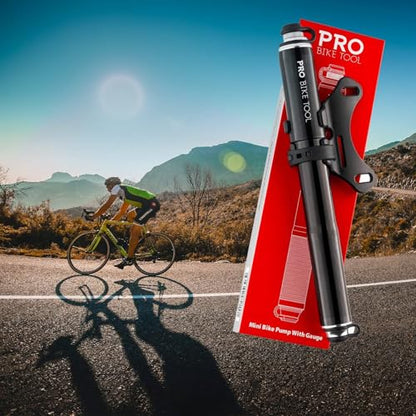 Pro Bike Tool Mini Bike Pump - Compact and Portable Bicycle Tire Pump for Fast Inflation - Compatible with Presta and Schrader Valves - Lightweight and Durable Design - Essential Bicycle Accessories - color: Black, style: Mini pump with gauge