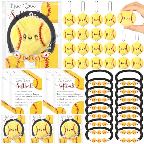 Equsion 24 Packs Softball Gift Bulk Mini Plush Softball Keychain Bead Bracelet with Inspirational Card for Ball Lovers Team Prize Anxiety Relief Sport Party Favors