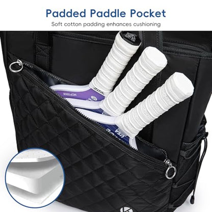 Pickleball Tote Bag for Women with Fence Hook, Quilted Pickleball Bag Holds 3-4 Paddles with Shoe Compartment & Wet Pocket - color: Black