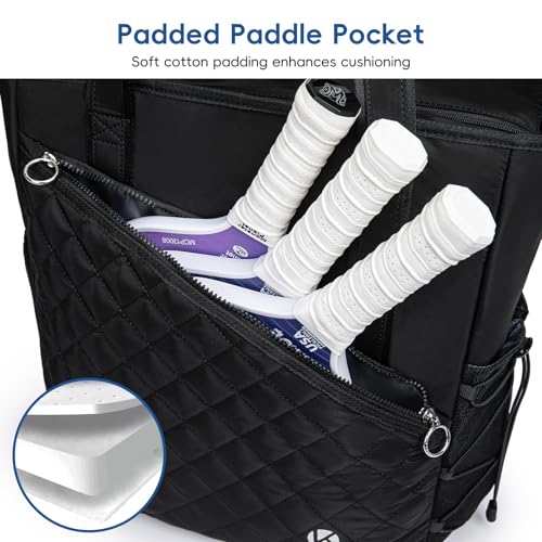 Pickleball Tote Bag for Women with Fence Hook, Quilted Pickleball Bag Holds 3-4 Paddles with Shoe Compartment & Wet Pocket - color: Black