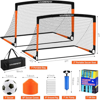 VAVOSPORT Kids Soccer Goals for Backyard Set, 2 of 4x3 / 6x4 ft Portable Soccer Goal Nets, Pop Up Mini Toddler Soccer Net Training Equipment & Ball, Cones for Ages 3-14, Outdoor Games Gifts for Kids