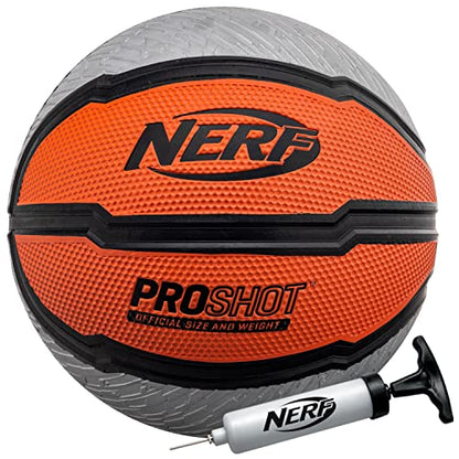 Nerf Indoor + Outdoor Basketball - Proshot Official Size 29.5" Basketball + Air Inflation Pump - Extra Grip for Gym + Driveway Hoops - Regulation B7 Ball - Black/Orange