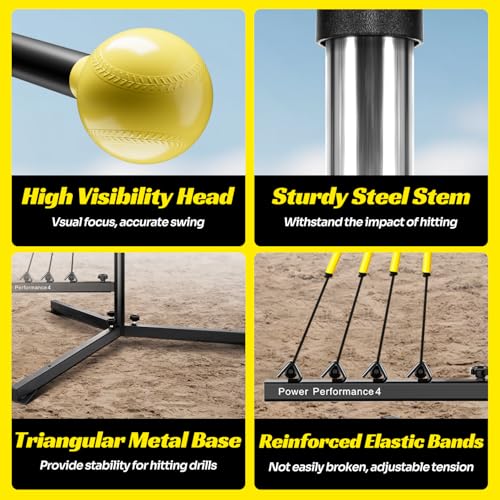 Baseball Hitting Trainer with 4 Power Bands,Auto Reset Softball Swing Trainer For Batting,Hitting Practice,Height Adjustable 31-47 inch Baseball Training Equipment With Metal Stakes & Carry Bag