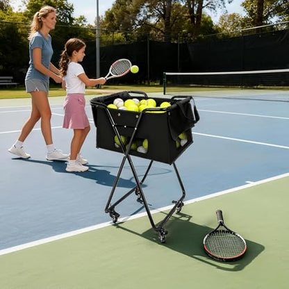 Tennis Ball Hopper Cart with 4 Wheels，Foldable Large Capacity Pickleball & Tennis Ball Collector for Court Training, Coaching