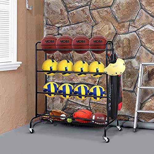 FHXZH Ball Storage Garage, Basketball Racks, Ball Holder, Rolling Sports Equipment Storage Cart with Baskets and Hooks, Garage Sports Equipment Organizer with Wheels