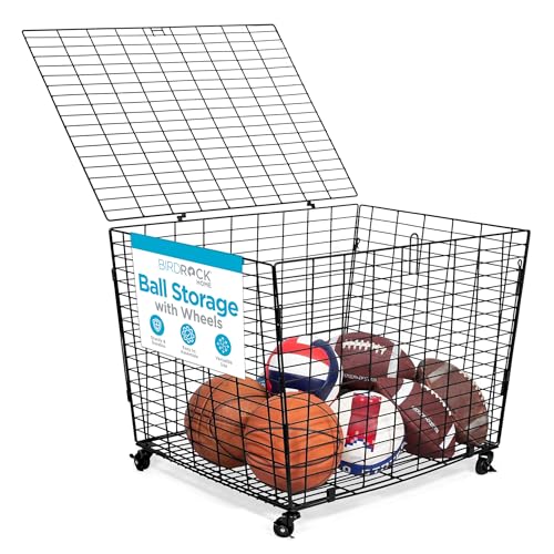 BIRDROCK HOME Sports Ball Basket Organizer with Wheels & Heavy Duty Casters - Ideal for Basketball, Football, Soccer, Baseball - Lockable Ball Storage Locker with Lid for Gym, Garage or Outdoor Use