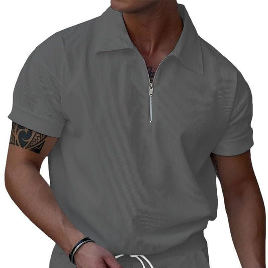 Polo Shirts for Men Corduroy Short Sleeve Zipper Solid Color Ribbed Loose Fit Summer Casual Basic Athletic Golf Tee Tops - color: Grey, size: X-Large