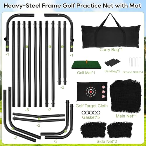 10x7ft Golf Hitting Practice Net for Real Golf Balls, Heavy Duty Driving Training Cage with Reinforced 7-Layer Mesh & Mat, Portable Backyard Net for Indoor Outdoor to Improve Your Swing