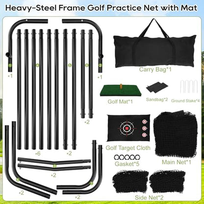 10x7ft Golf Hitting Practice Net for Real Golf Balls, Heavy Duty Driving Training Cage with Reinforced 7-Layer Mesh & Mat, Portable Backyard Net for Indoor Outdoor to Improve Your Swing