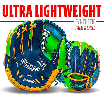 Franklin Sports Kids Baseball Glove + Foam Ball Sets - Meshtek Youth Teeball Gloves for Kids + Toddlers - Left + Right Hand Throw - 9.5" Inch - color: Navy/Lime/Orange