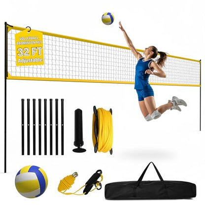 GAOMON 32FT Portable Volleyball Net System for Backyard and Beach - Professional Volleyball Net with 3-Level Adjustable Height Poles, Carrying Bag, Outdoor Volleyball Set for Grass & Sand