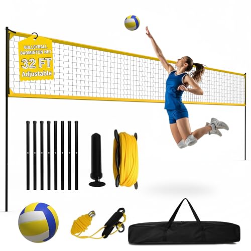GAOMON 32FT Portable Volleyball Net System for Backyard and Beach - Professional Volleyball Net with 3-Level Adjustable Height Poles, Carrying Bag, Outdoor Volleyball Set for Grass & Sand