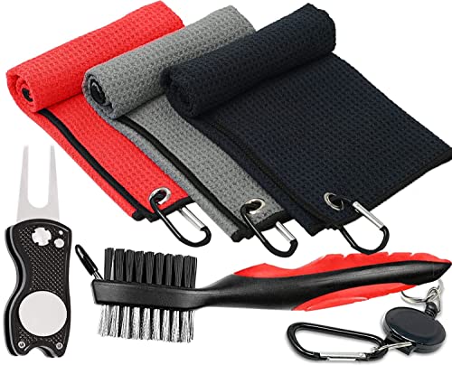 Golf Towel Pack - 3 Microfiber Waffle Pattern Golf Towels Including Golf Club Brush and Groove Cleaner Divot Repair Tool - color: Red
